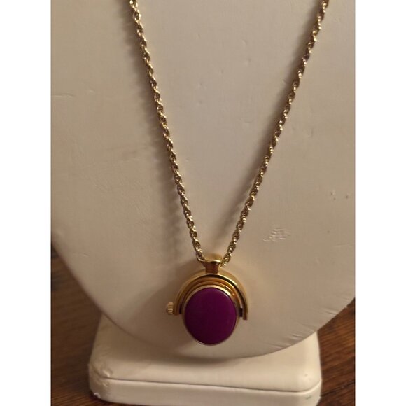 Vintage C. Blanc Reversible Pendant Necklace Watch on One Side, Purple Cabochon - Picture 7 of 16